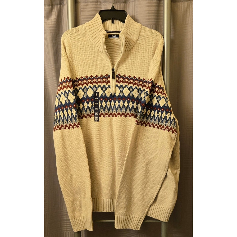 IZOD Mens Fair Isle Quarter Zip Sweater Cream Multi Geometric 2XLT 46IZFIF67X283